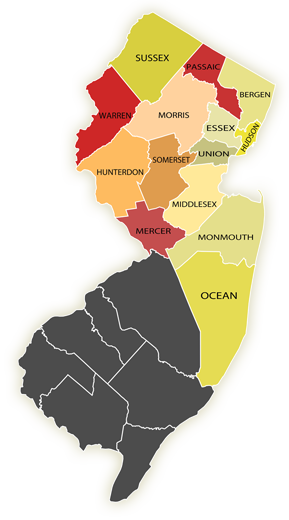 Sussex, Passaic, Warren, Morris, Bergen, Essex, Hudson, Hunterdon, Somerset, Union, Mercer, Middlesex, Monmouth and Ocean counties